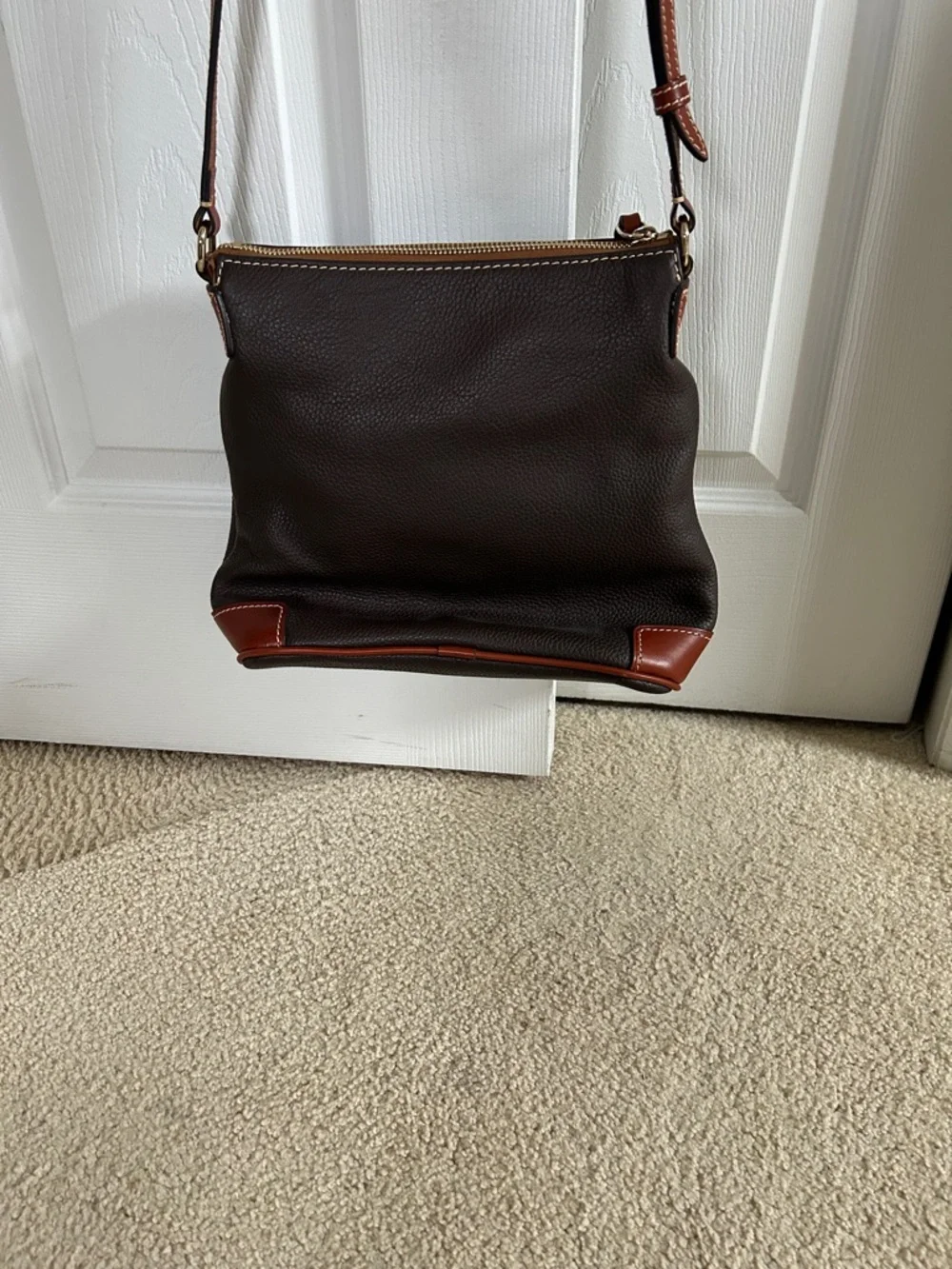 Dooney & Bourke Dark Brown Pebbled Leather Crossbody Messenger with Tan Trim - Picture 3 of 9